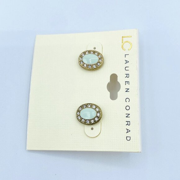 LC Lauren Conrad Blue Goldtone Rhinestone Oval Stud Earrings New - Picture 2 of 3